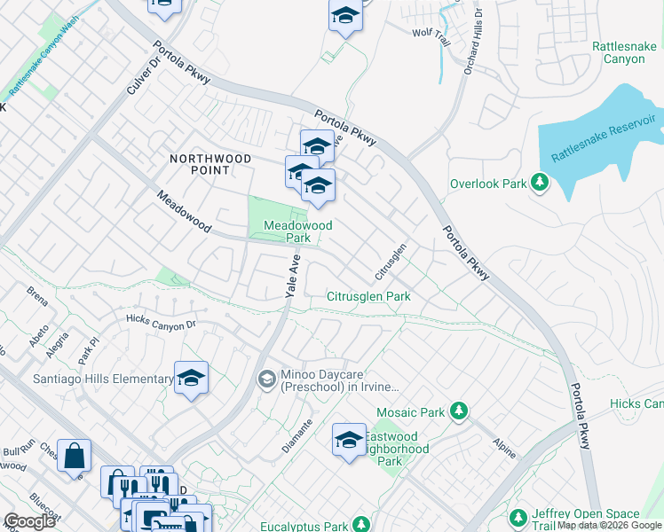 map of restaurants, bars, coffee shops, grocery stores, and more near 77 New Dawn in Irvine