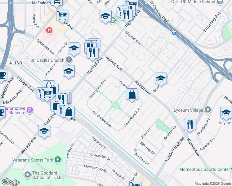 map of restaurants, bars, coffee shops, grocery stores, and more near 14672 Kimberly Circle in Tustin