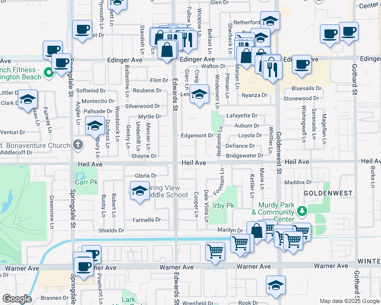map of restaurants, bars, coffee shops, grocery stores, and more near 6572 Oakgrove Circle in Huntington Beach
