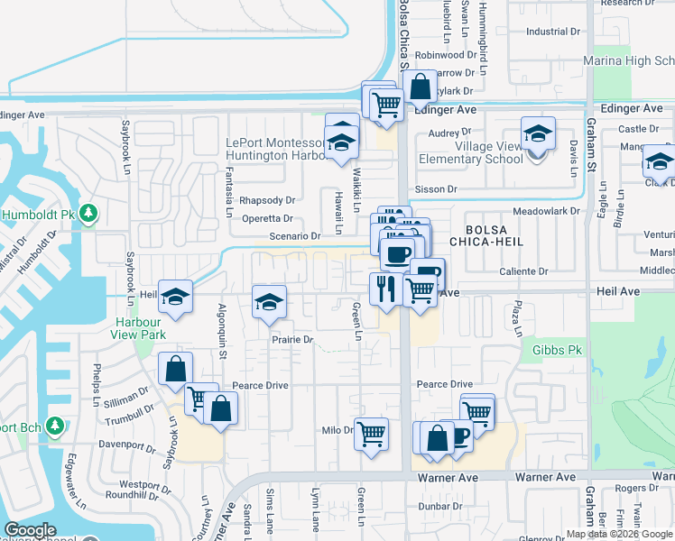 map of restaurants, bars, coffee shops, grocery stores, and more near 21 Via Vista Circle in Huntington Beach