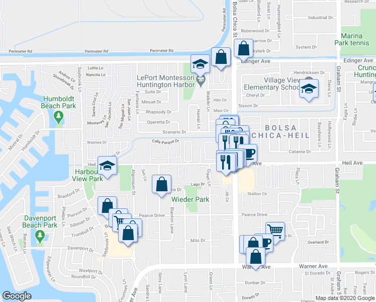 map of restaurants, bars, coffee shops, grocery stores, and more near 4841 Heil Avenue in Huntington Beach