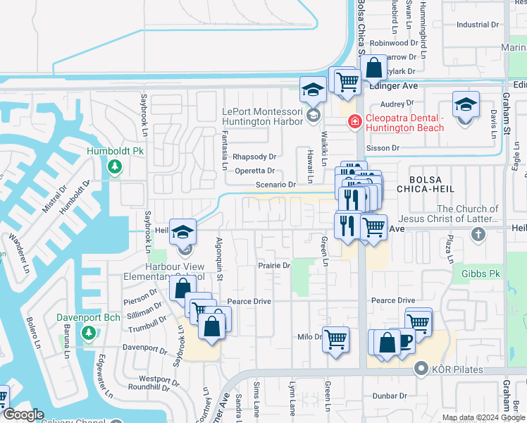 map of restaurants, bars, coffee shops, grocery stores, and more near 16456 La Villa Lane in Huntington Beach