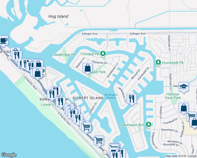 map of restaurants, bars, coffee shops, grocery stores, and more near 3552 Venture Drive in Huntington Beach