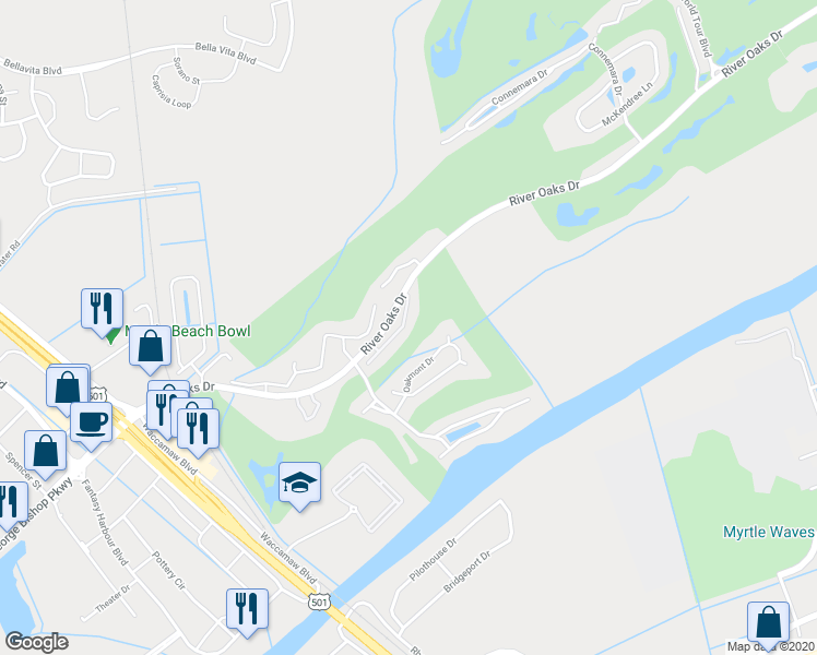 map of restaurants, bars, coffee shops, grocery stores, and more near 624D River Oaks Drive in Myrtle Beach