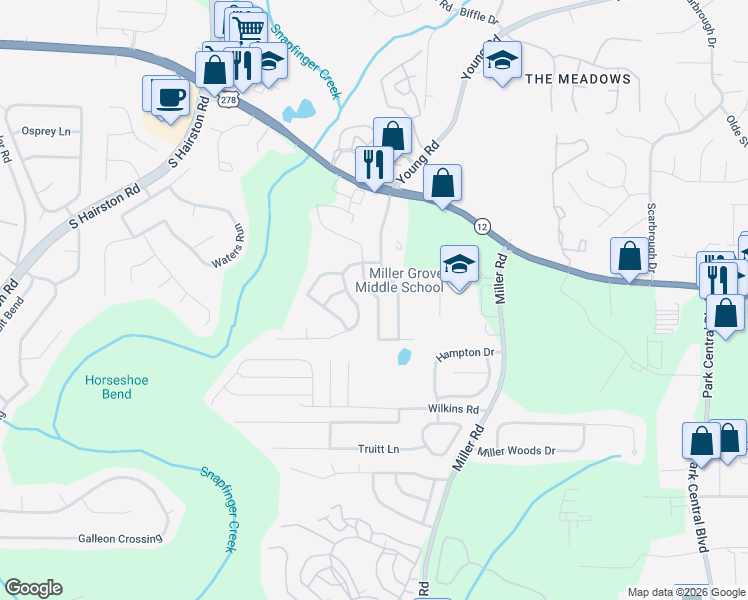 map of restaurants, bars, coffee shops, grocery stores, and more near 2239 Creekview Trail in Decatur
