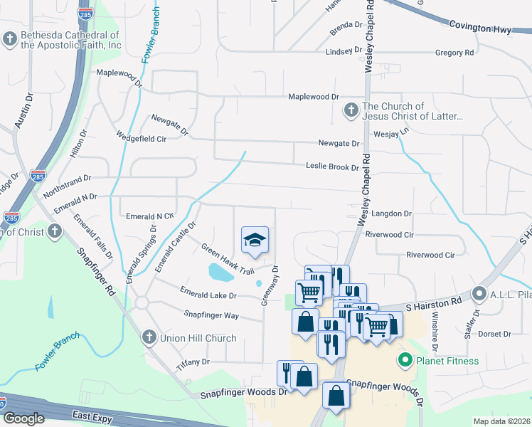 map of restaurants, bars, coffee shops, grocery stores, and more near 4139 Emerald North Drive in Decatur
