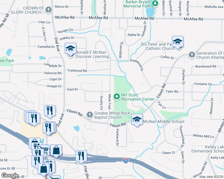 map of restaurants, bars, coffee shops, grocery stores, and more near 2277 Mark Trail in Decatur