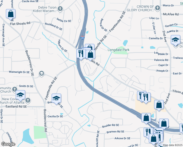 map of restaurants, bars, coffee shops, grocery stores, and more near 2051 Flat Shoals Road Southeast in Atlanta
