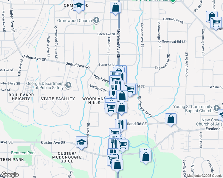 map of restaurants, bars, coffee shops, grocery stores, and more near 1121 Shelby Place Southeast in Atlanta