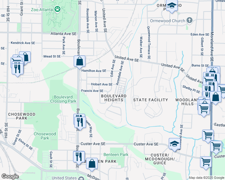 map of restaurants, bars, coffee shops, grocery stores, and more near 1144 Edie Avenue Southeast in Atlanta