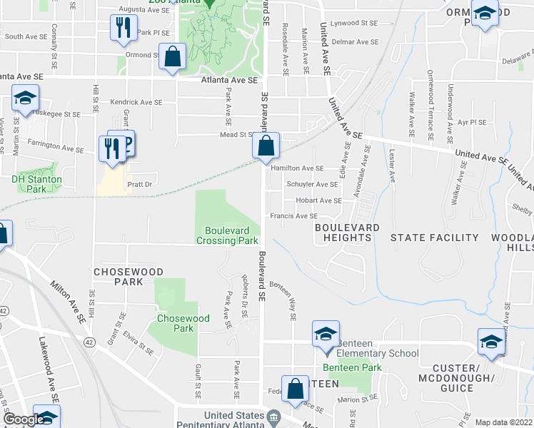 map of restaurants, bars, coffee shops, grocery stores, and more near 1126 Park Row South in Atlanta