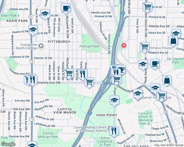 map of restaurants, bars, coffee shops, grocery stores, and more near 1162 Booker Avenue Southwest in Atlanta