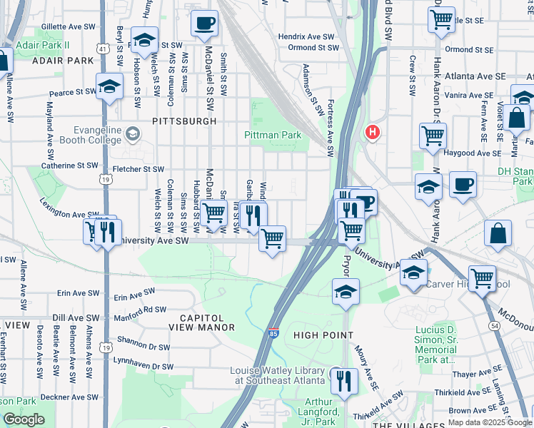 map of restaurants, bars, coffee shops, grocery stores, and more near 1162 Booker Avenue Southwest in Atlanta