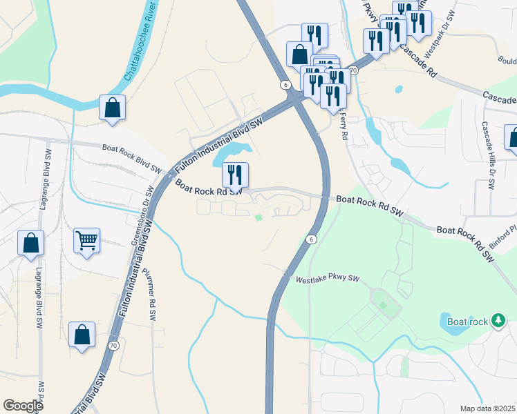 map of restaurants, bars, coffee shops, grocery stores, and more near 5995 Westchase Street in Atlanta