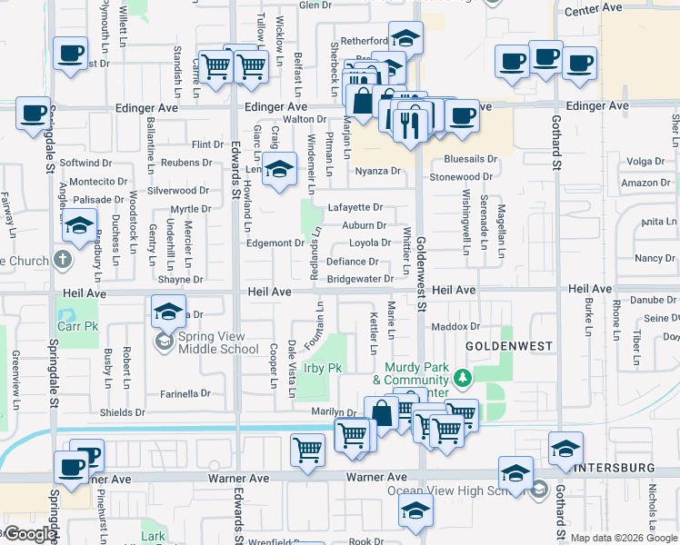 map of restaurants, bars, coffee shops, grocery stores, and more near 6781 Bridgewater Drive in Huntington Beach
