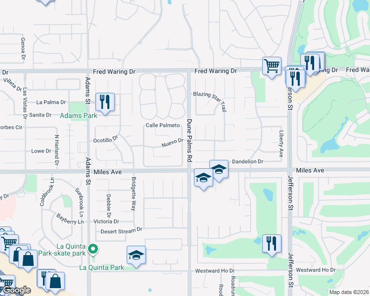 map of restaurants, bars, coffee shops, grocery stores, and more near 44800 Calle Santa Barbara in La Quinta