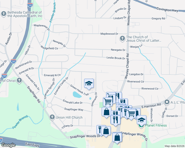 map of restaurants, bars, coffee shops, grocery stores, and more near 4139 Emerald North Drive in Decatur
