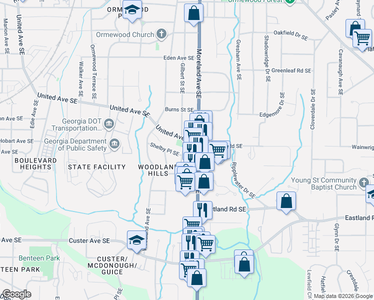 map of restaurants, bars, coffee shops, grocery stores, and more near 1121 Shelby Place Southeast in Atlanta