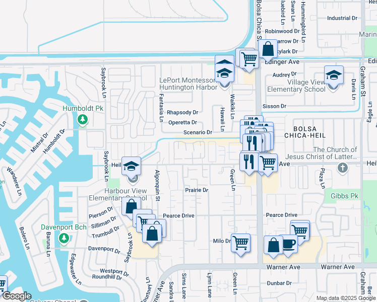 map of restaurants, bars, coffee shops, grocery stores, and more near 4603 Via Vista Circle in Huntington Beach