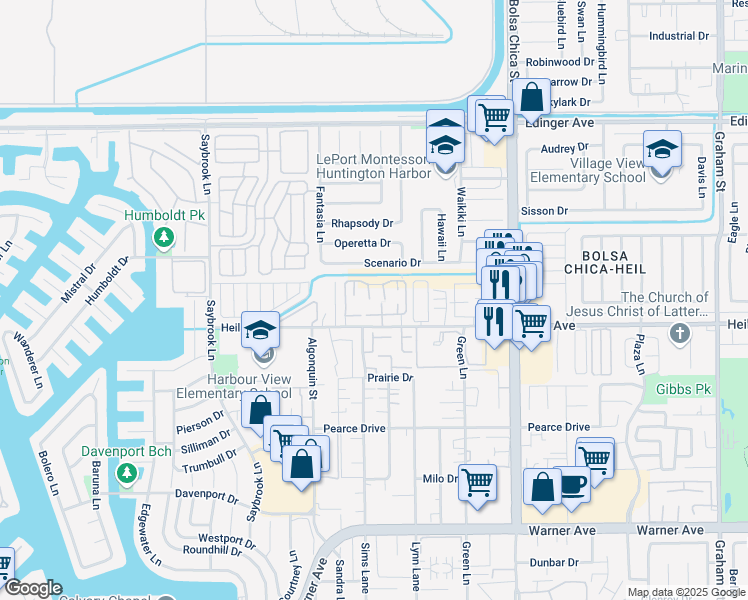 map of restaurants, bars, coffee shops, grocery stores, and more near 16454 Poco Circle in Huntington Beach