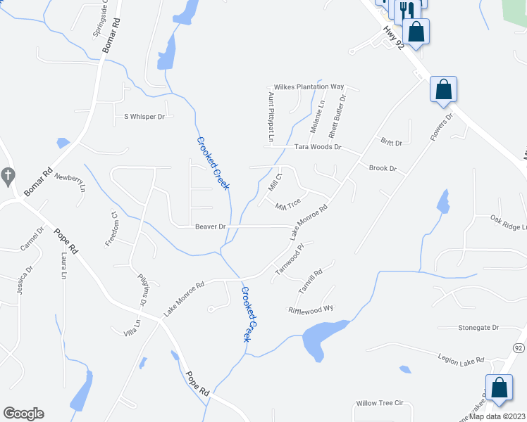 map of restaurants, bars, coffee shops, grocery stores, and more near 3010 Mill Court in Douglasville