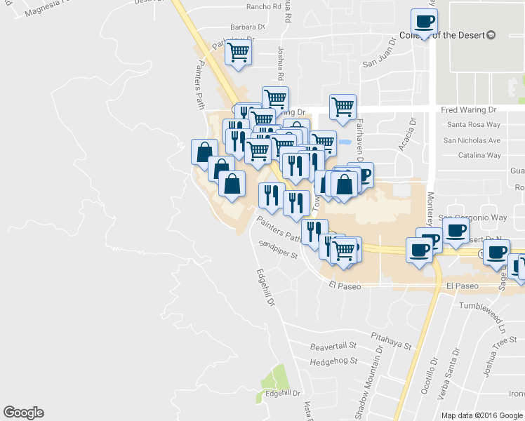map of restaurants, bars, coffee shops, grocery stores, and more near 72557 Hwy 111 in Palm Desert