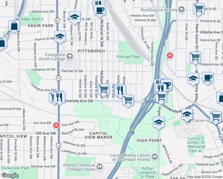 map of restaurants, bars, coffee shops, grocery stores, and more near 1164 Smith Street Southwest in Atlanta