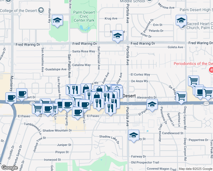 map of restaurants, bars, coffee shops, grocery stores, and more near 44725 San Luis Rey Avenue in Palm Desert