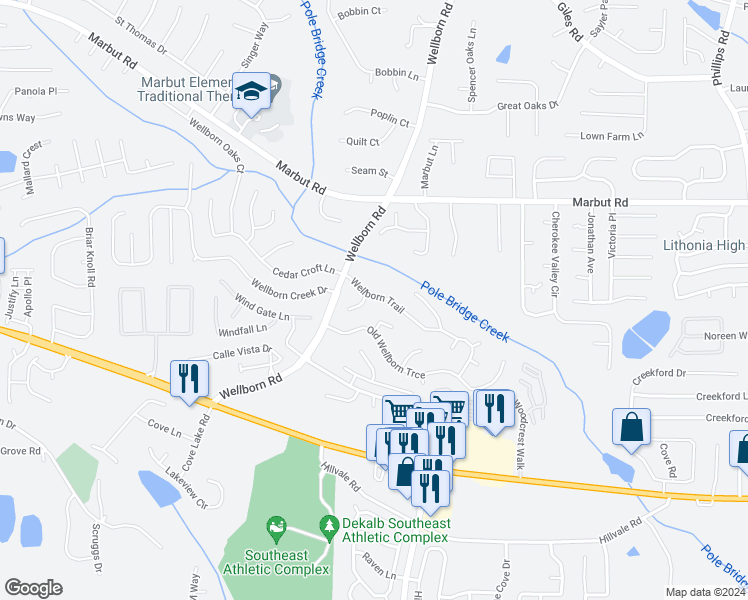 map of restaurants, bars, coffee shops, grocery stores, and more near 5905 Wellborn Trail in Lithonia