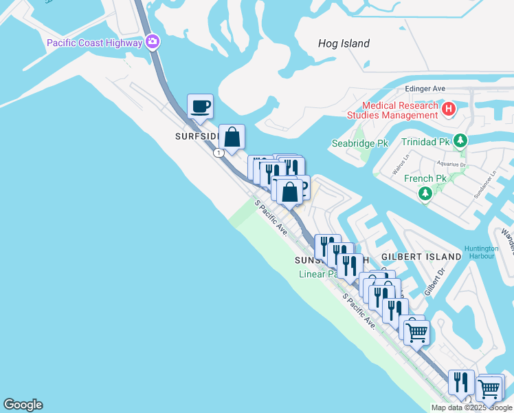 map of restaurants, bars, coffee shops, grocery stores, and more near 16351 South Pacific Avenue in Huntington Beach