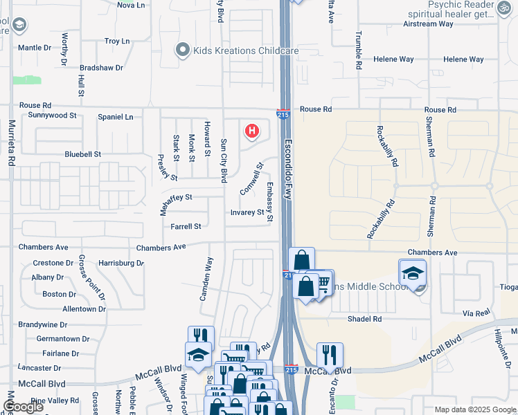 map of restaurants, bars, coffee shops, grocery stores, and more near 26915 Invarey Street in Menifee