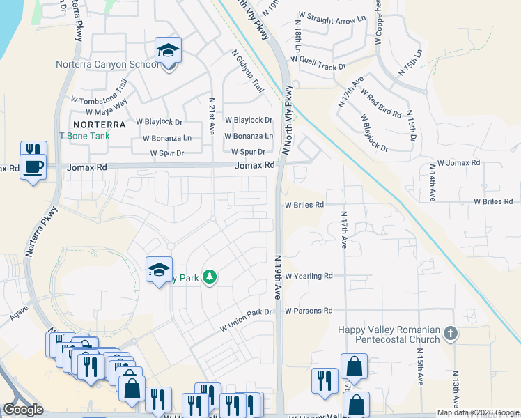map of restaurants, bars, coffee shops, grocery stores, and more near 26202-26304 North 19th Avenue in Phoenix