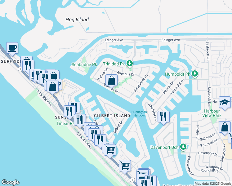 map of restaurants, bars, coffee shops, grocery stores, and more near 3492 Venture Drive in Huntington Beach