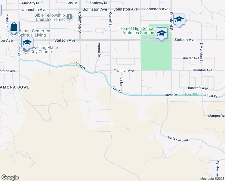 map of restaurants, bars, coffee shops, grocery stores, and more near 41257 Crest Drive in Hemet