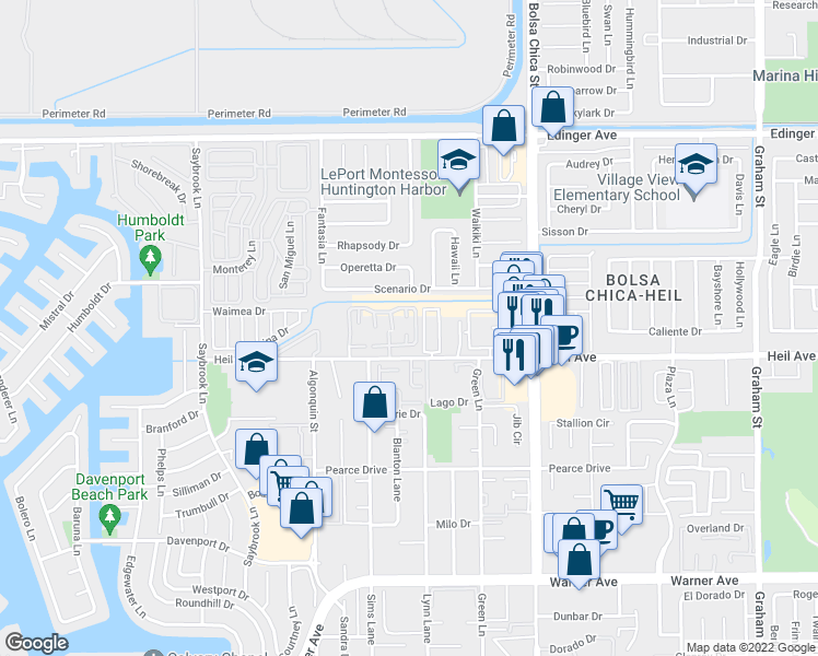 map of restaurants, bars, coffee shops, grocery stores, and more near 16421 La Bonita Lane in Huntington Beach