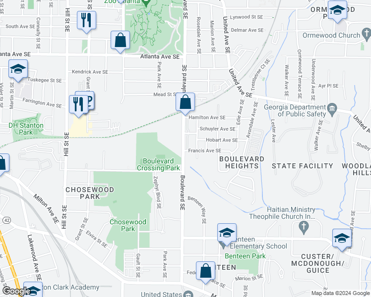 map of restaurants, bars, coffee shops, grocery stores, and more near 1126 Park Row South in Atlanta