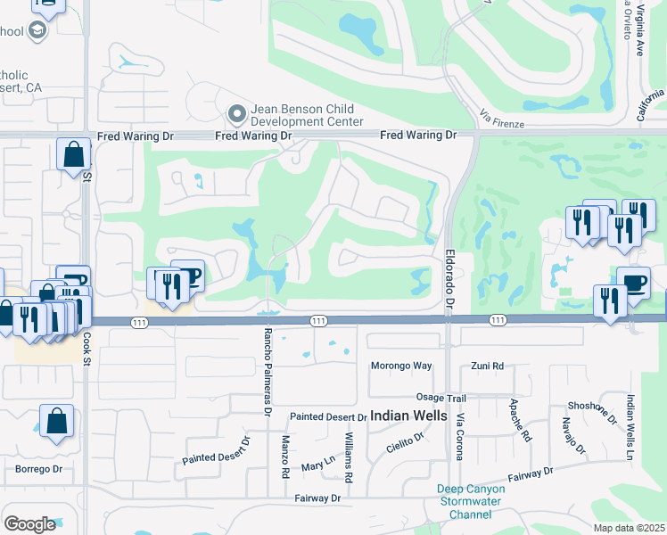 map of restaurants, bars, coffee shops, grocery stores, and more near 75629 Valle Vista Drive in Indian Wells