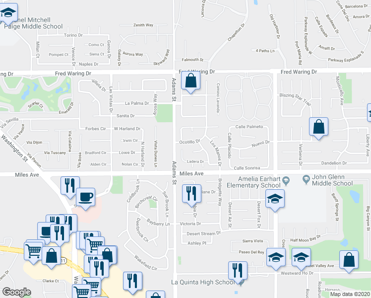 map of restaurants, bars, coffee shops, grocery stores, and more near 79030 Ladera Drive in La Quinta