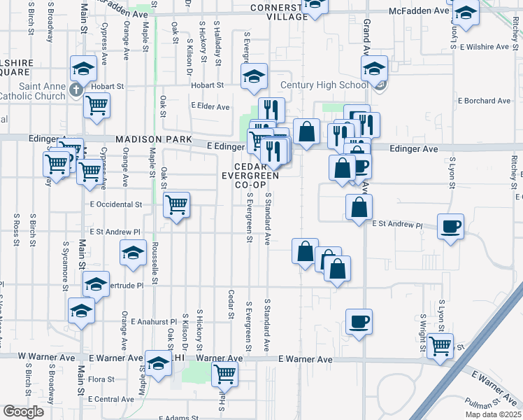 map of restaurants, bars, coffee shops, grocery stores, and more near 1918 South Standard Avenue in Santa Ana