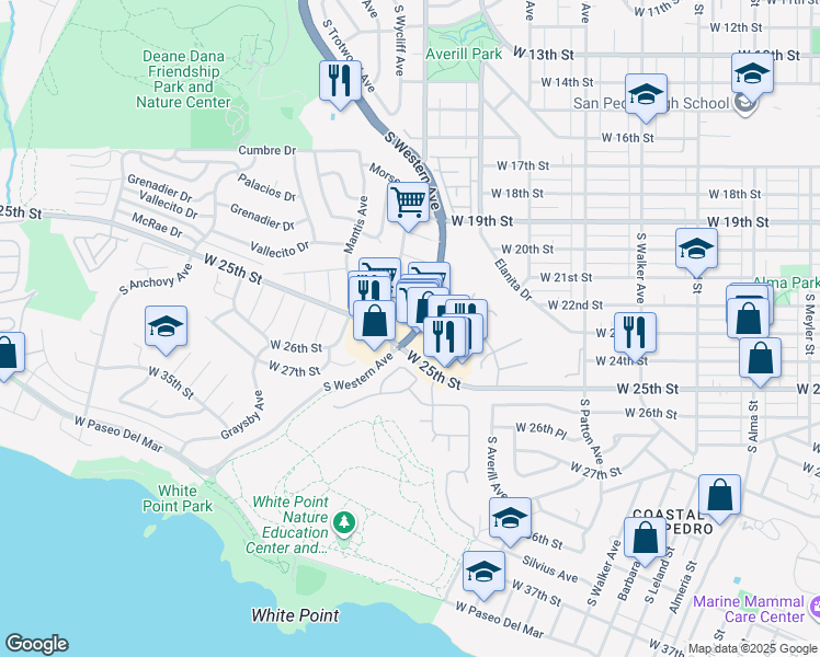 map of restaurants, bars, coffee shops, grocery stores, and more near 2490 South Western Avenue in Los Angeles