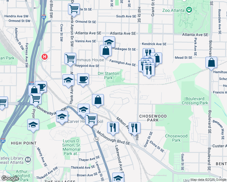 map of restaurants, bars, coffee shops, grocery stores, and more near Skylar Court Southeast in Atlanta