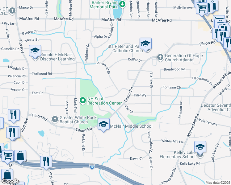 map of restaurants, bars, coffee shops, grocery stores, and more near 2229 Tilson Circle in Decatur