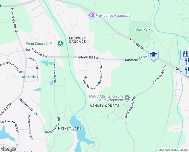 map of restaurants, bars, coffee shops, grocery stores, and more near 1165 Reunion Place Southwest in Atlanta
