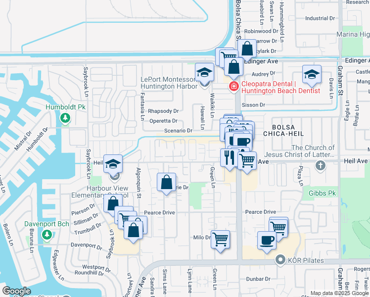 map of restaurants, bars, coffee shops, grocery stores, and more near 16421 La Bonita Lane in Huntington Beach