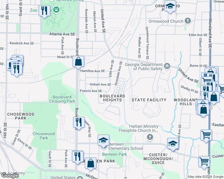 map of restaurants, bars, coffee shops, grocery stores, and more near 1144 Edie Avenue Southeast in Atlanta