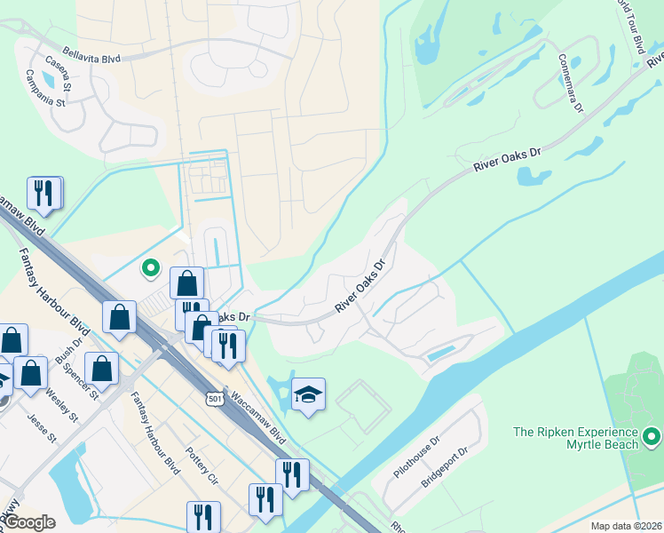 map of restaurants, bars, coffee shops, grocery stores, and more near 20 White River Drive in Myrtle Beach