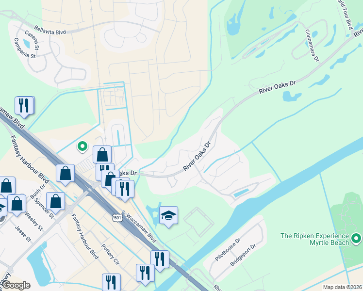 map of restaurants, bars, coffee shops, grocery stores, and more near 537 White River Drive in Myrtle Beach
