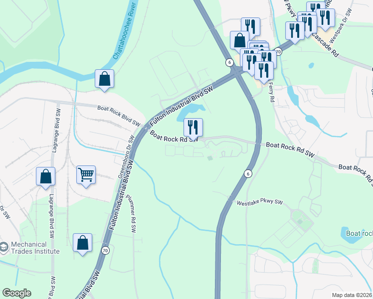 map of restaurants, bars, coffee shops, grocery stores, and more near 1122 Westchase Cove Southwest in Atlanta