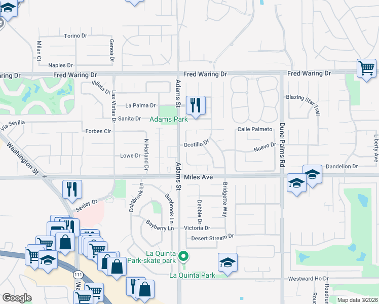 map of restaurants, bars, coffee shops, grocery stores, and more near 79030 Ladera Drive in La Quinta