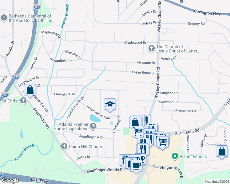 map of restaurants, bars, coffee shops, grocery stores, and more near 4145 Emerald North Drive in Decatur